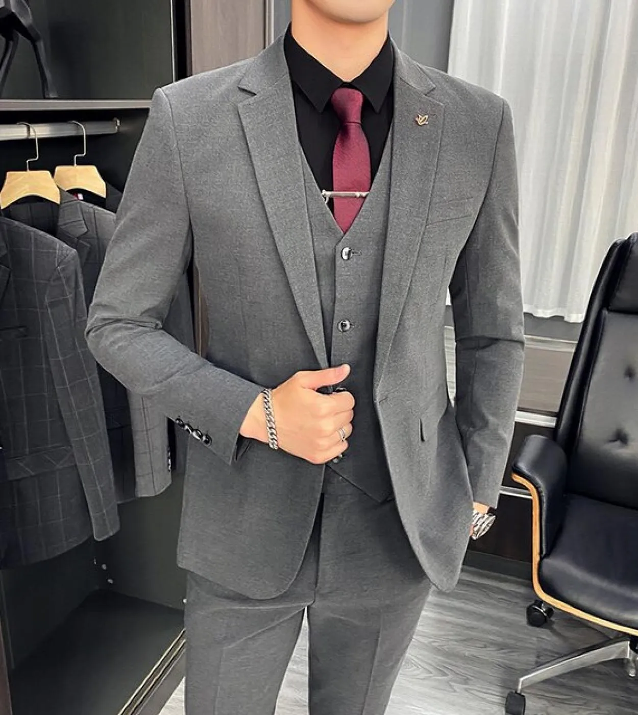 3 Pcs Set Blazer Giacca Pantaloni Gilet  2022 Fashion New Uomo Slim Boutique Business Wedding Groom Plaid Dress Suit Coat