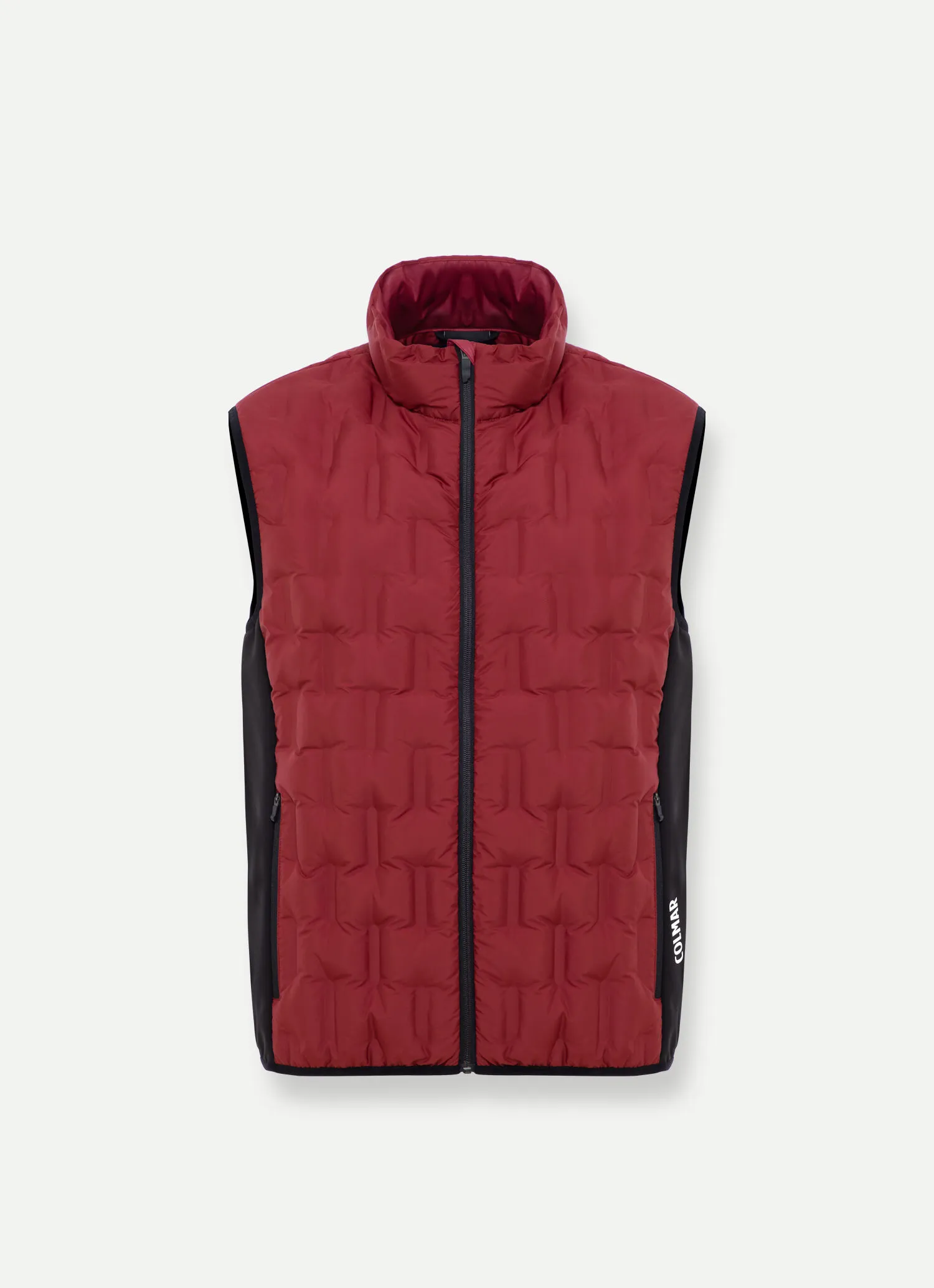 Down-padded gilet with softshell inserts