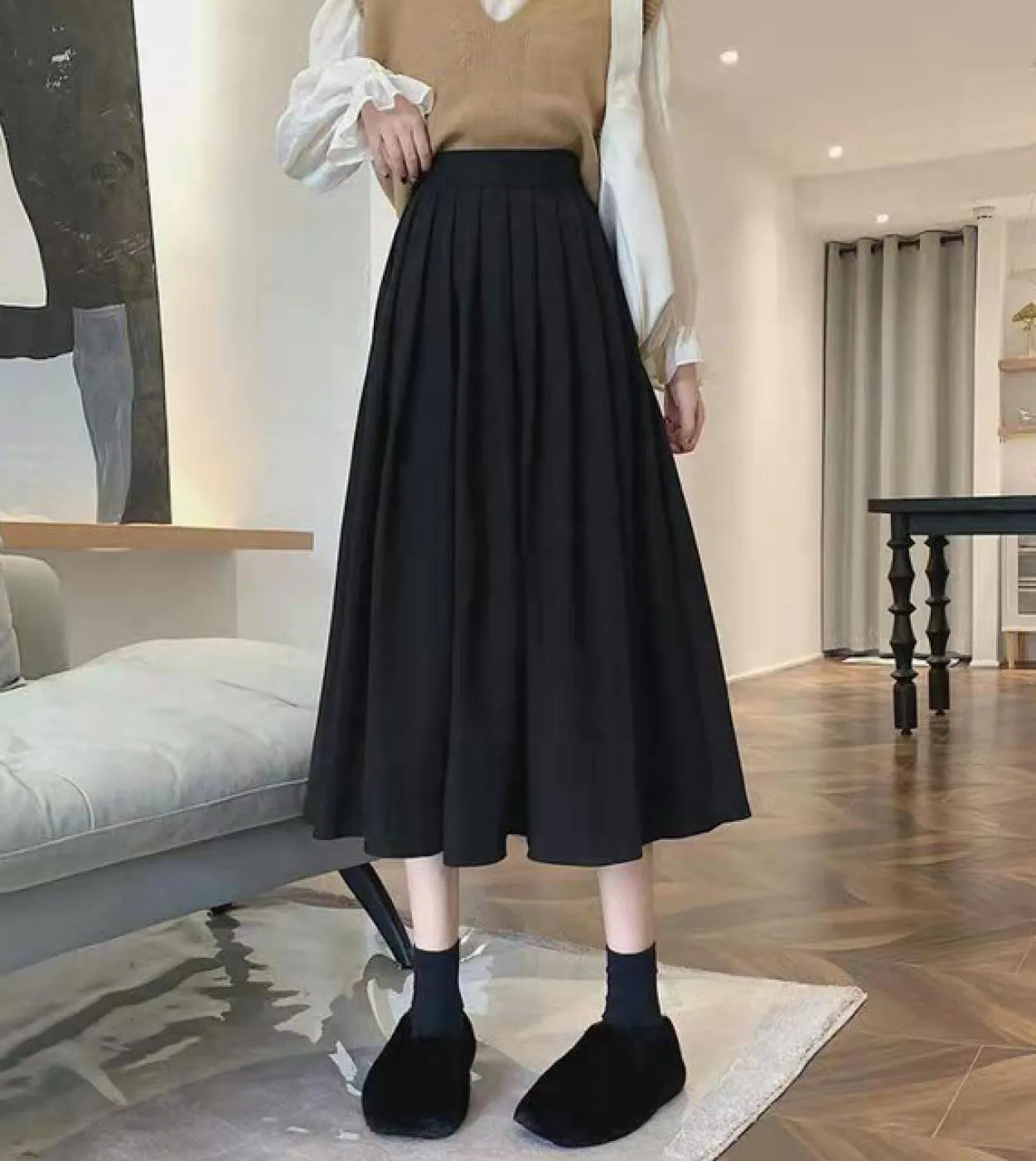 Gonna a pieghe a vita alta alla moda da donna Elegante gonna midi stile college da donna autunno inverno gonne a trapezio spesse