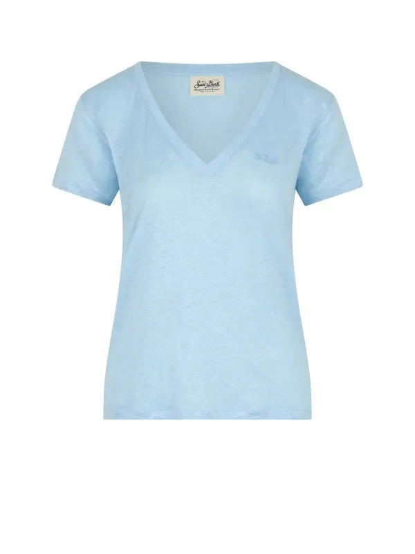 Light blue V-neck women's t-shirt with logo