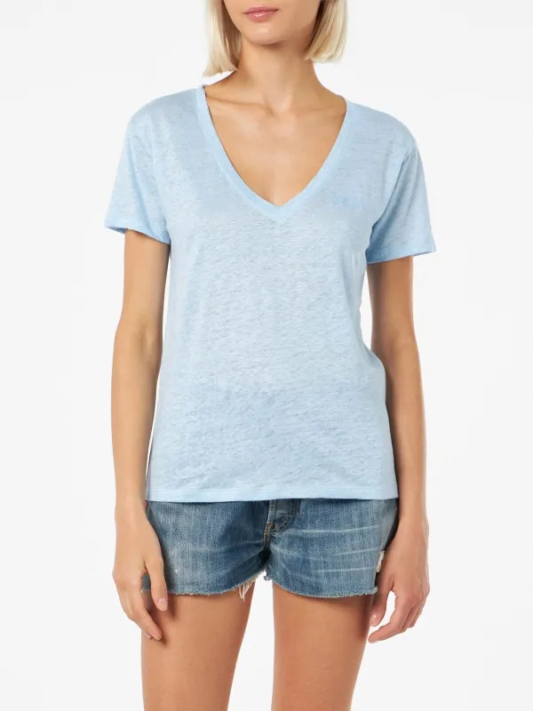 Light blue V-neck women's t-shirt with logo