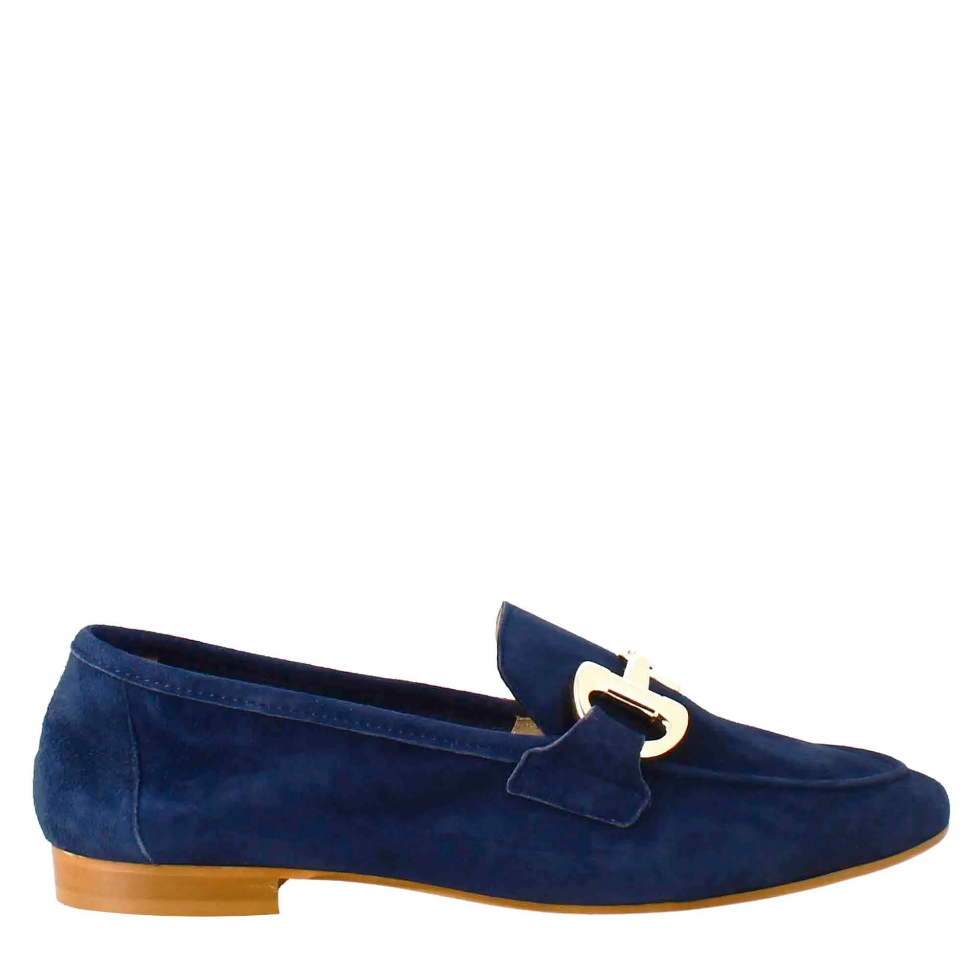 Mocassino da donna in pelle scamosciata blu con fibbia oro