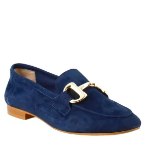 Mocassino da donna in pelle scamosciata blu con fibbia oro