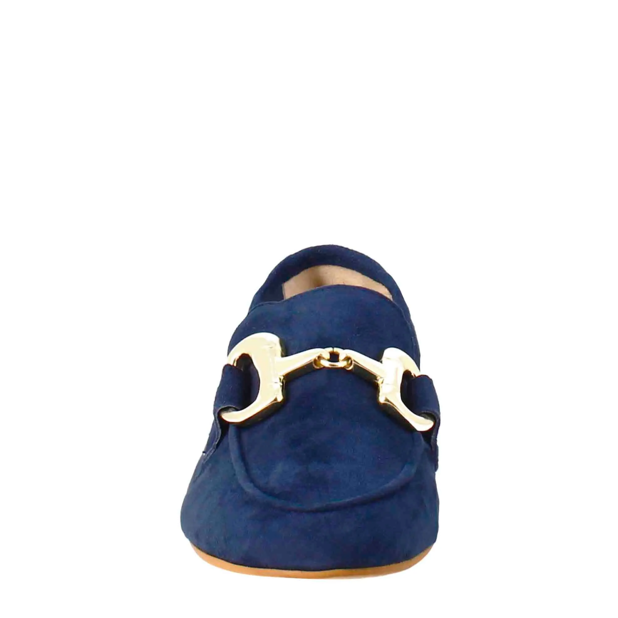 Mocassino da donna in pelle scamosciata blu con fibbia oro