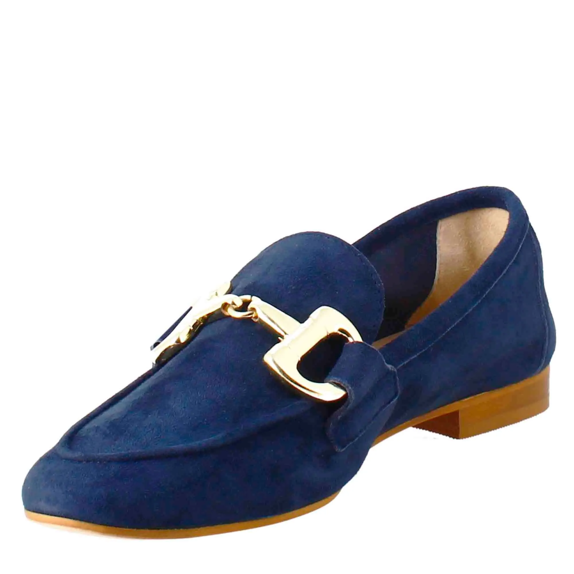 Mocassino da donna in pelle scamosciata blu con fibbia oro