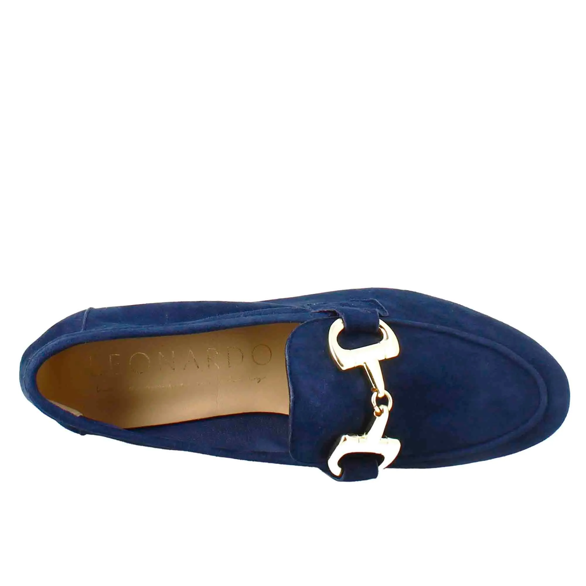 Mocassino da donna in pelle scamosciata blu con fibbia oro