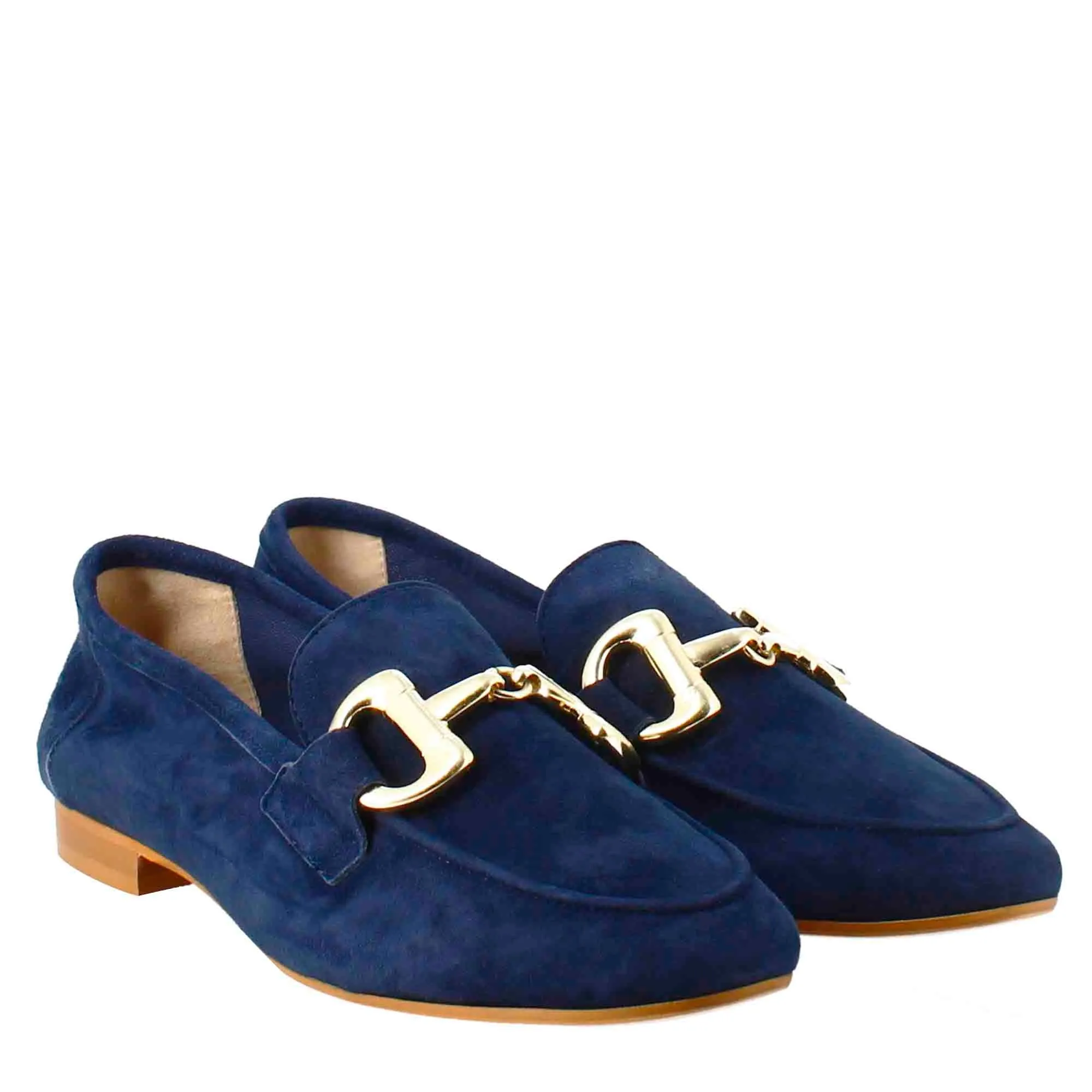 Mocassino da donna in pelle scamosciata blu con fibbia oro