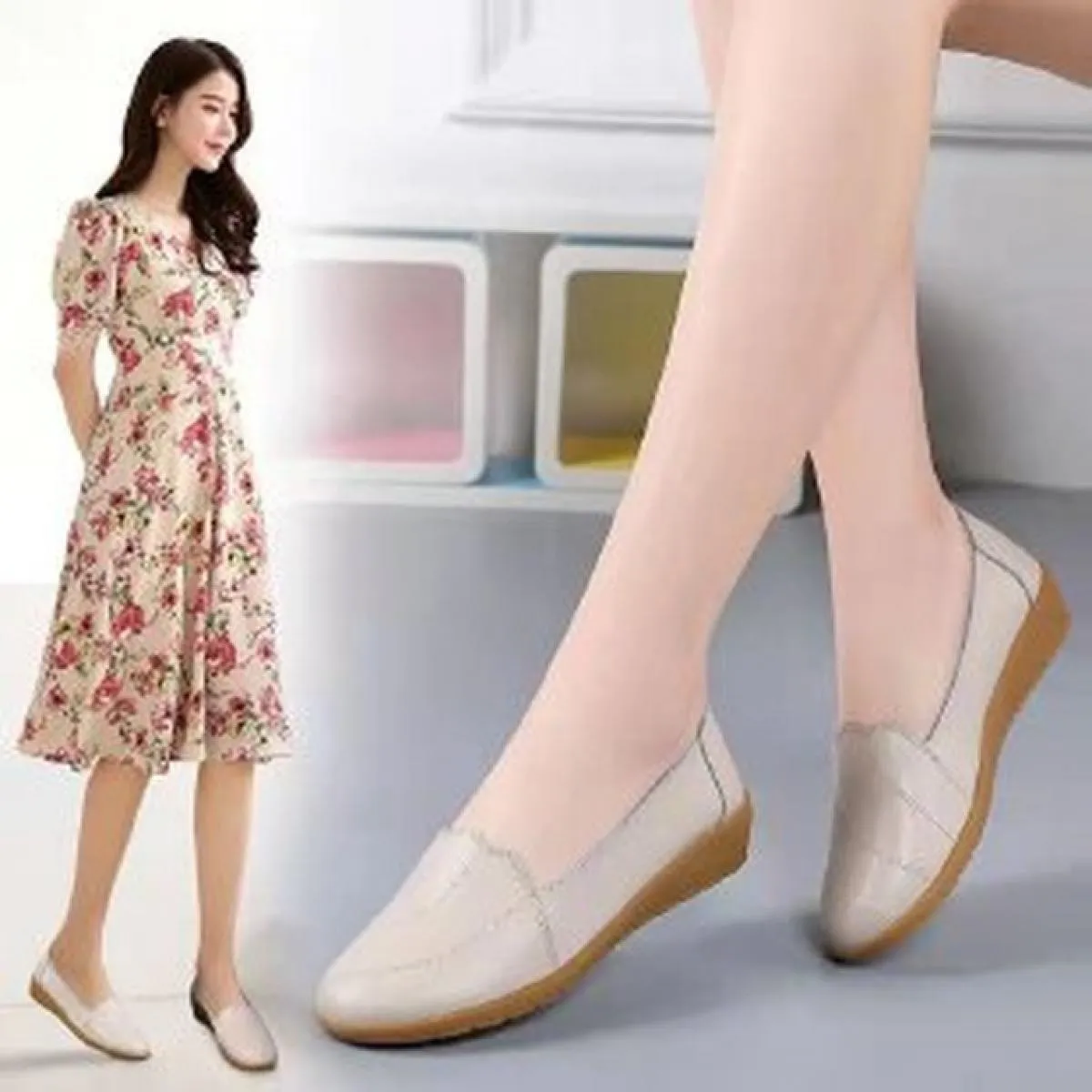 Moda Scarpe Casual in Pelle Bianca per Donna Appartamenti Estivi Ritagli Mocassini Traspiranti Ballerine da Donna Mocassini Fema