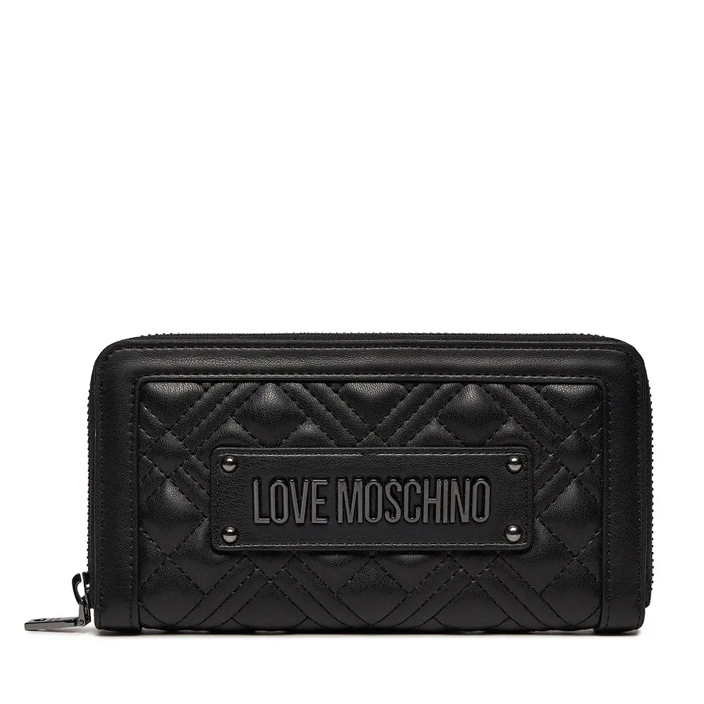 Portafoglio Donna Zip Around Trapuntato LOVE MOSCHINO linea Quilted Nero con Logo Canna di Fucile