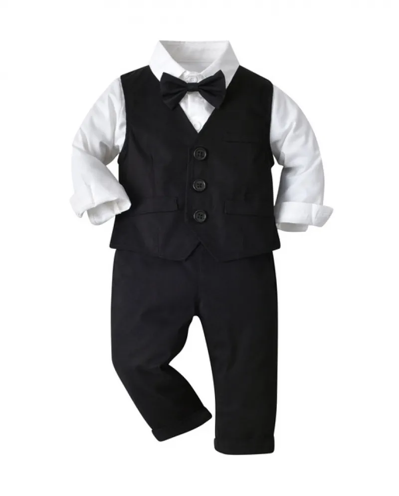 Ragazzo Bambino Abito da Sposa Bambino Bambini Abbigliamento Formale Cotone Nero Gilet Camicia Bianca Pantaloni 4 Pezzi Completo