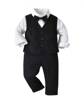 Ragazzo Bambino Abito da Sposa Bambino Bambini Abbigliamento Formale Cotone Nero Gilet Camicia Bianca Pantaloni 4 Pezzi Completo