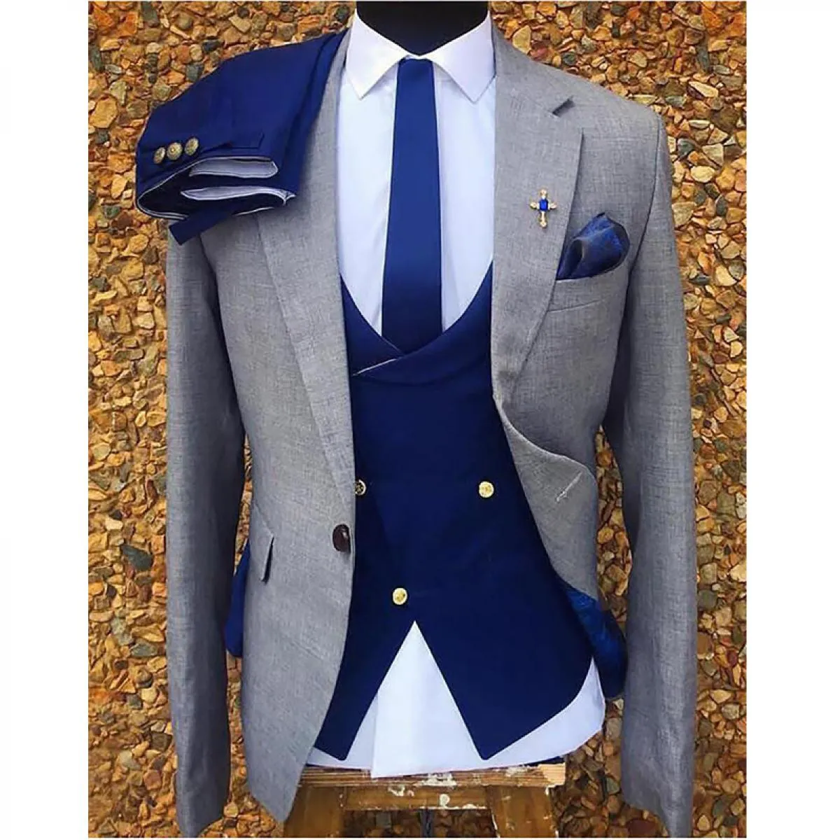 Smoking da sposo formale grigio per matrimonio Abiti da uomo italiani slim fit con pantaloni blu royal Gilet Costume di moda mas