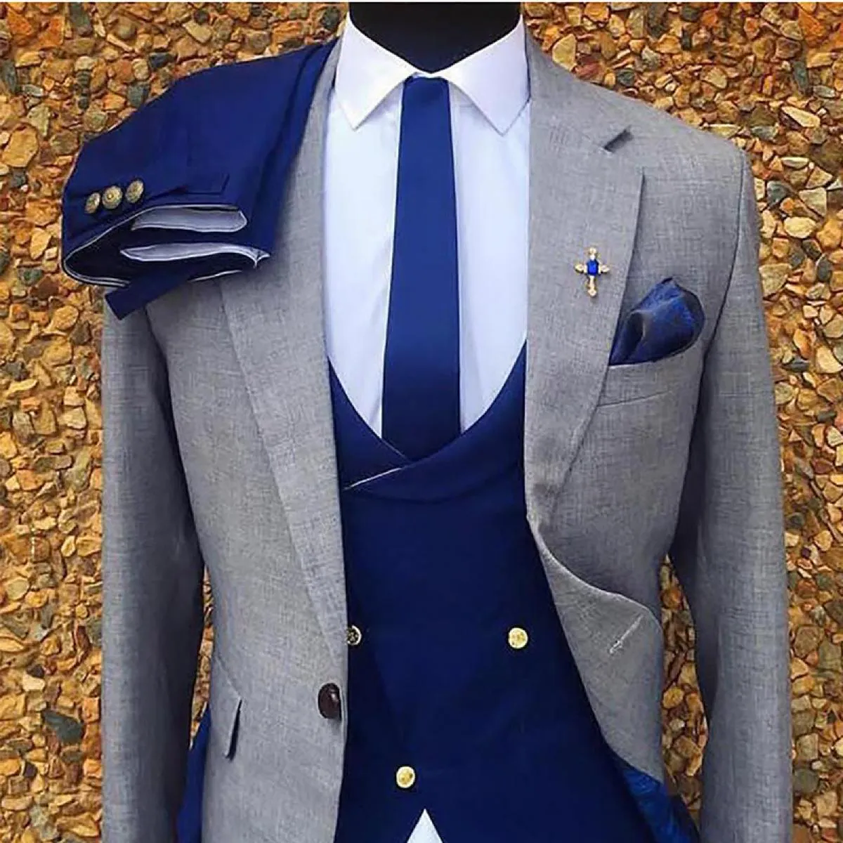 Smoking da sposo formale grigio per matrimonio Abiti da uomo italiani slim fit con pantaloni blu royal Gilet Costume di moda mas