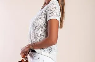 T-shirt in cotone con pizzo, bianca