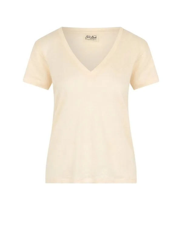 Women's peach V-neck t-shirt with logo