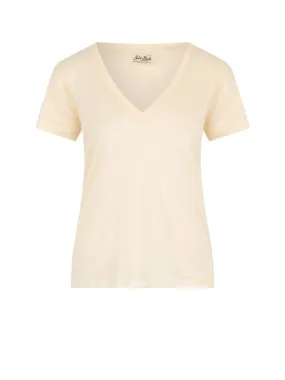 Women's peach V-neck t-shirt with logo